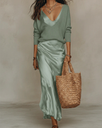 Elegant Satin Midi Dress (Knit Included)