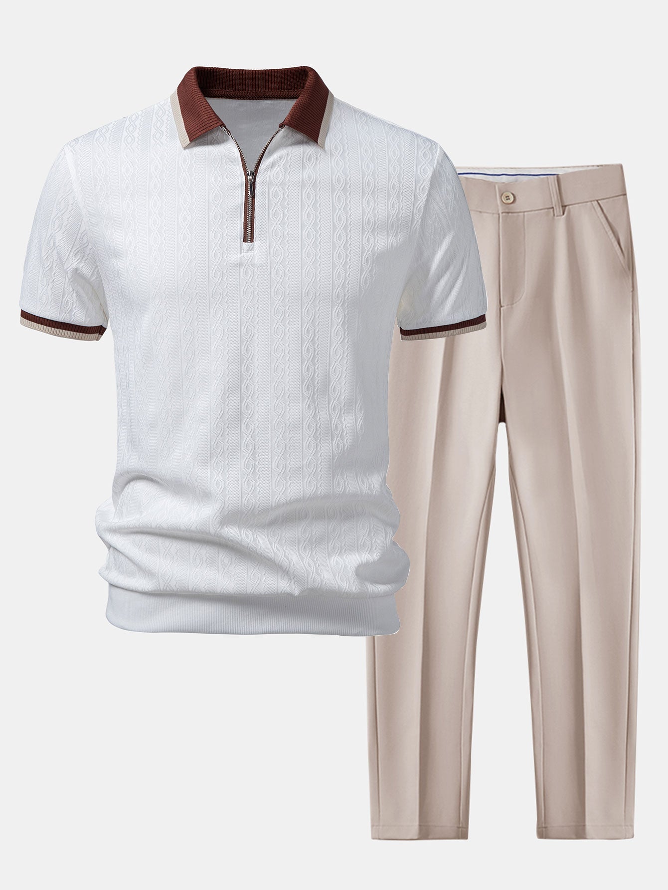 Modern Contrast Trim Textured Knit Polo & Tapered Pants Set