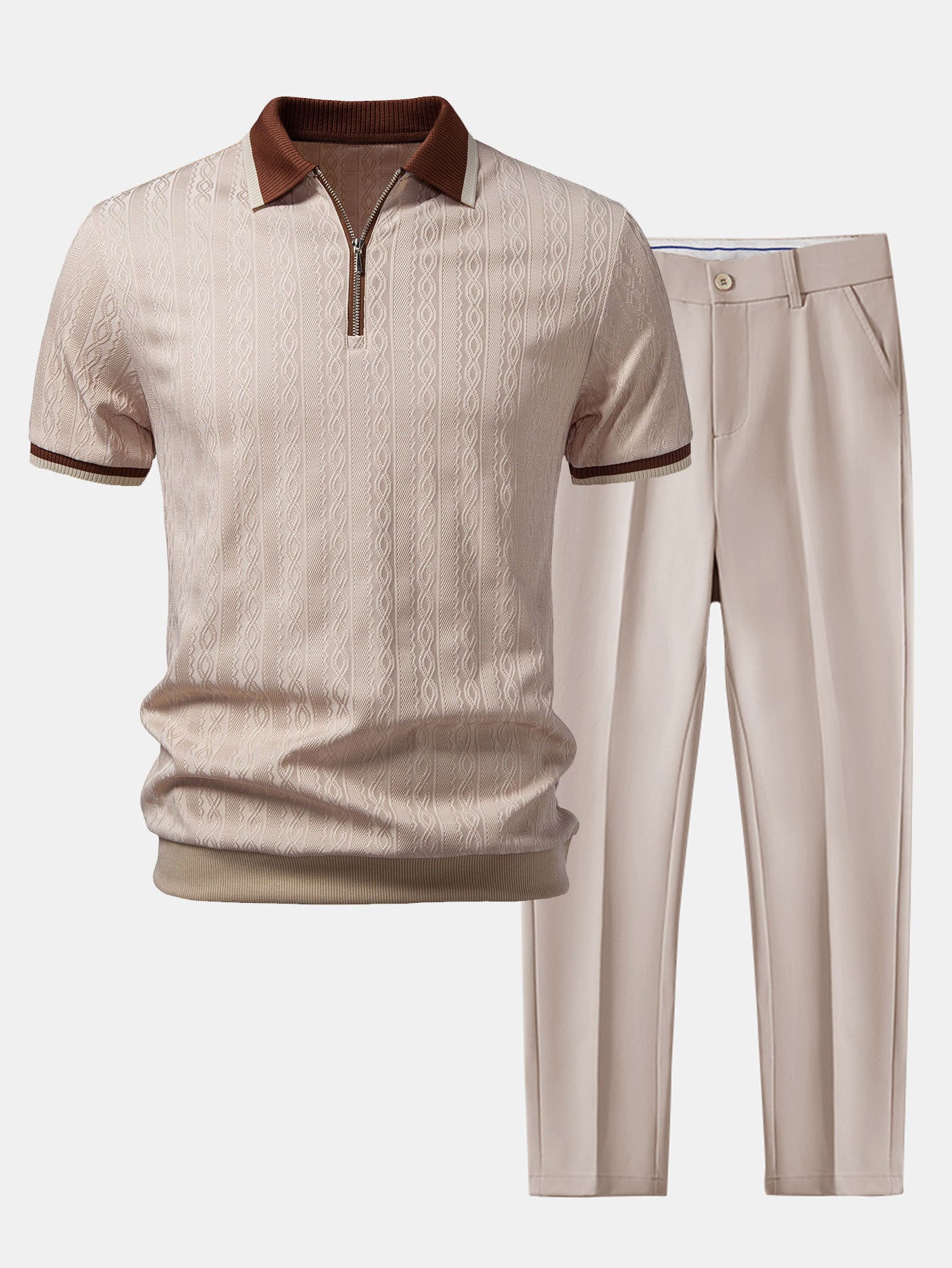 Modern Contrast Trim Textured Knit Polo & Tapered Pants Set