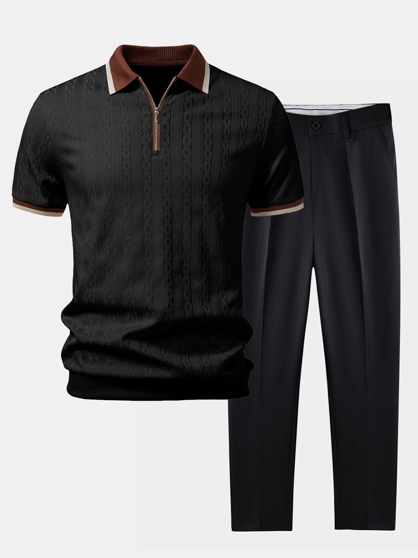 Modern Contrast Trim Textured Knit Polo & Tapered Pants Set