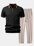 Modern Contrast Trim Textured Knit Polo & Tapered Pants Set
