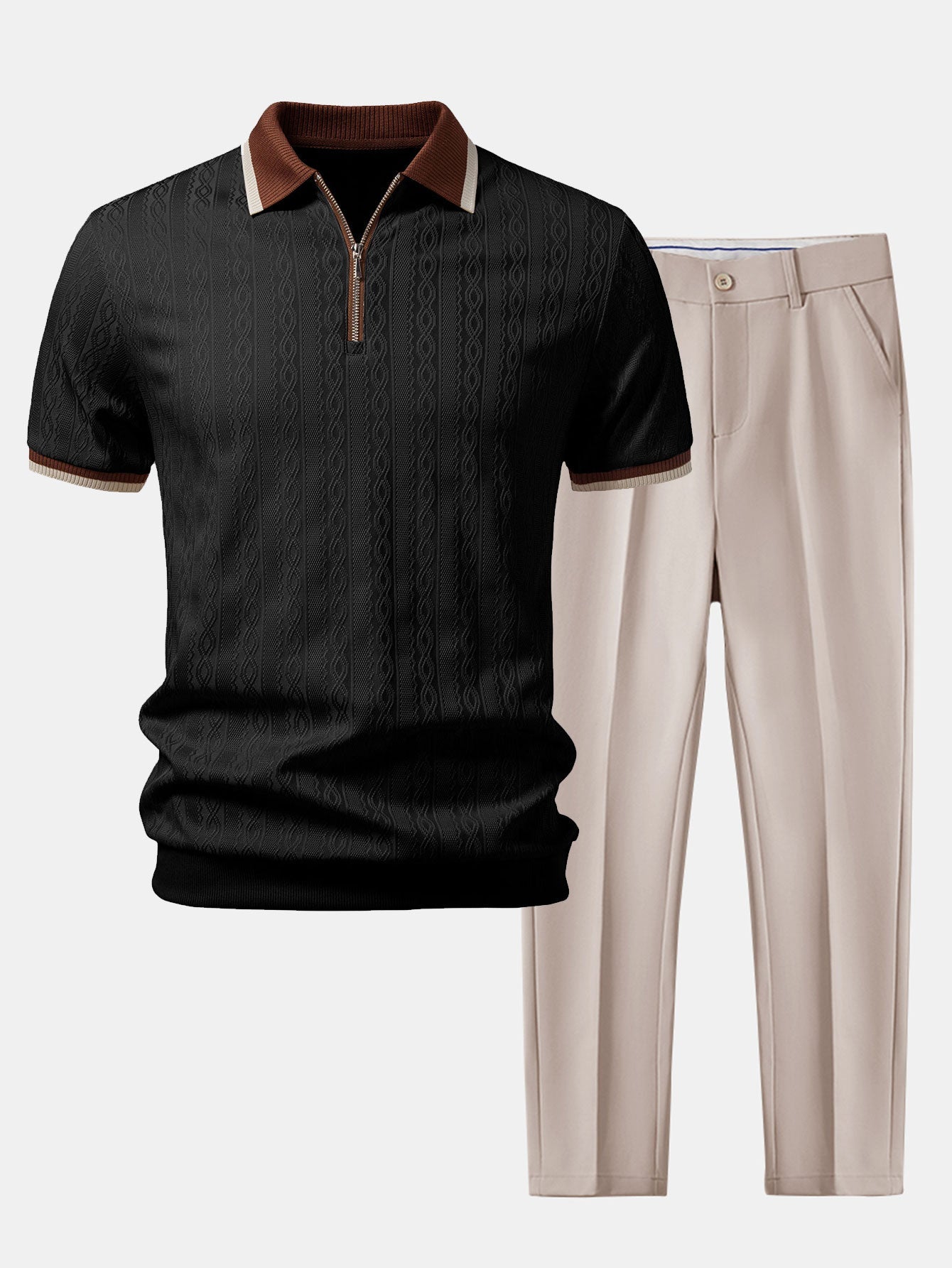 Modern Contrast Trim Textured Knit Polo & Tapered Pants Set