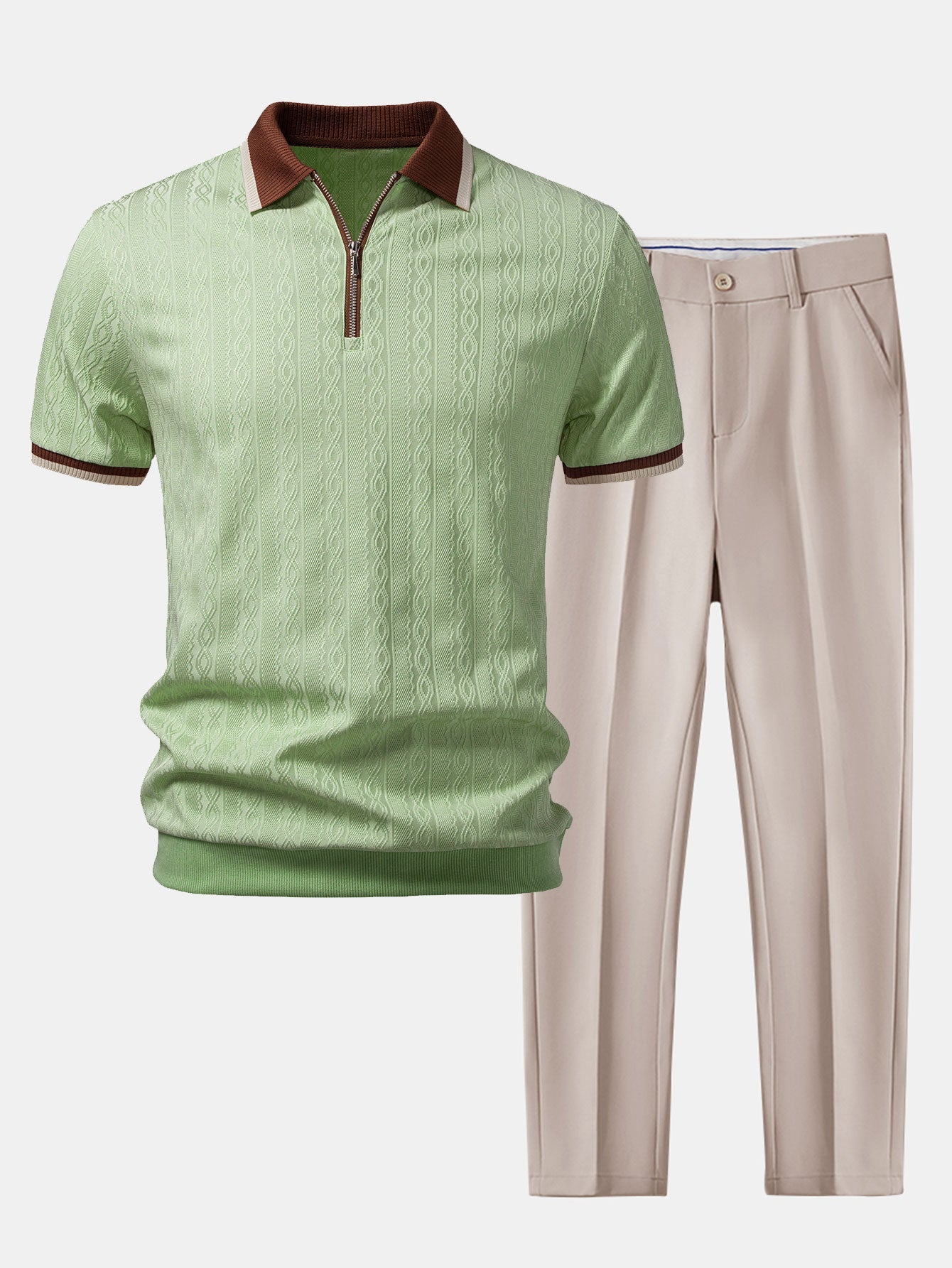 Modern Contrast Trim Textured Knit Polo & Tapered Pants Set