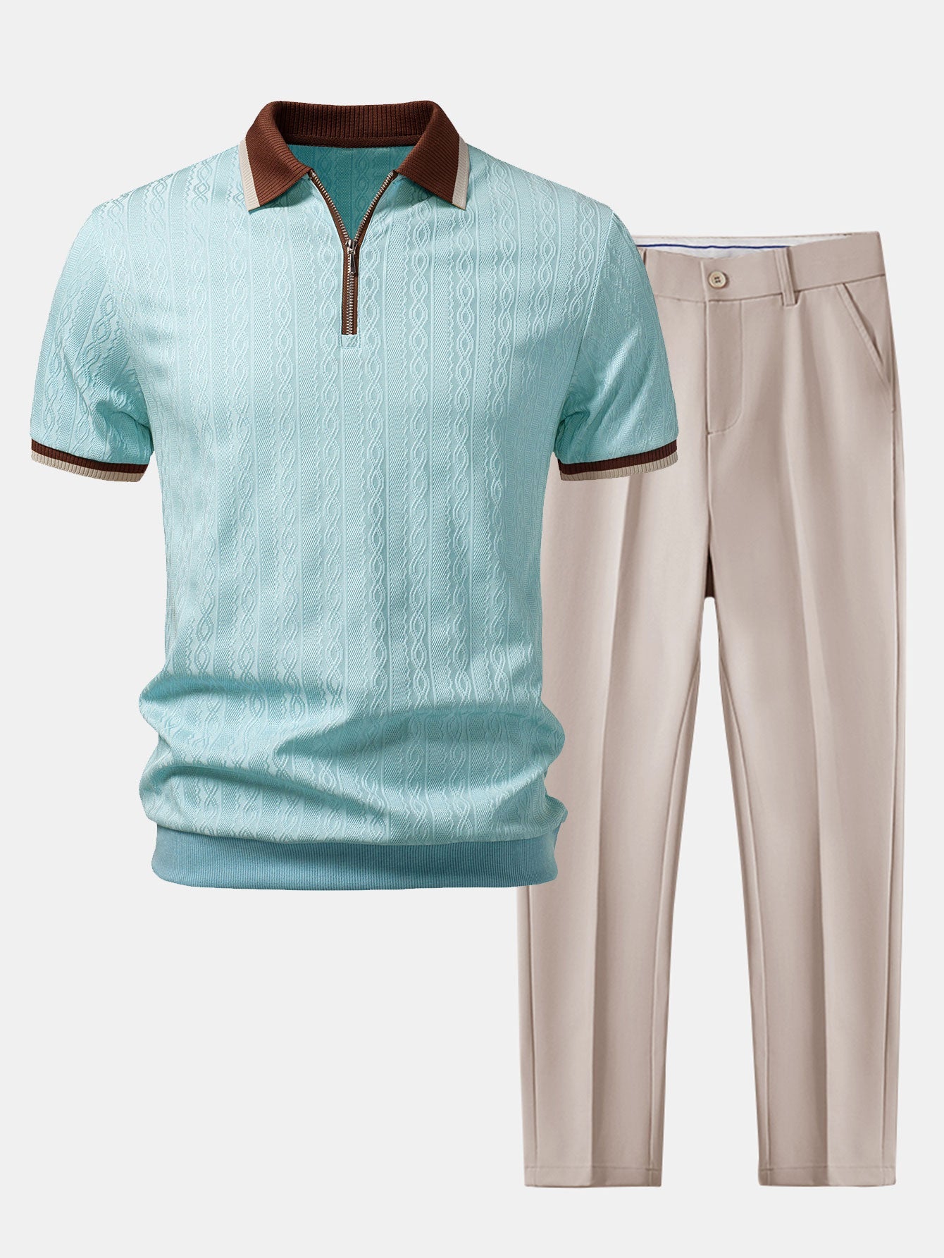 Modern Contrast Trim Textured Knit Polo & Tapered Pants Set